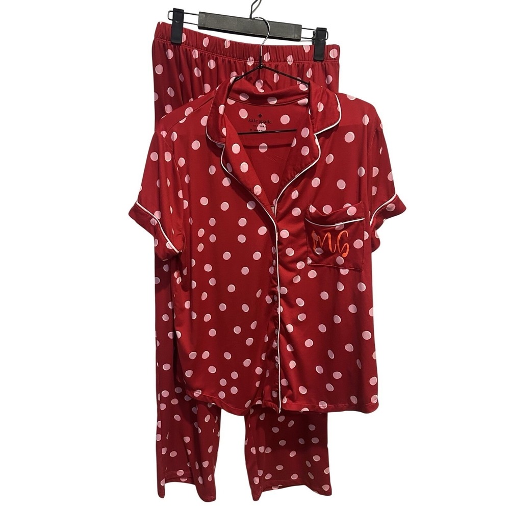 Kate Spade Red/Pink/White SHADOW DOTS Flannel Twill Pajama/Lounge Set L